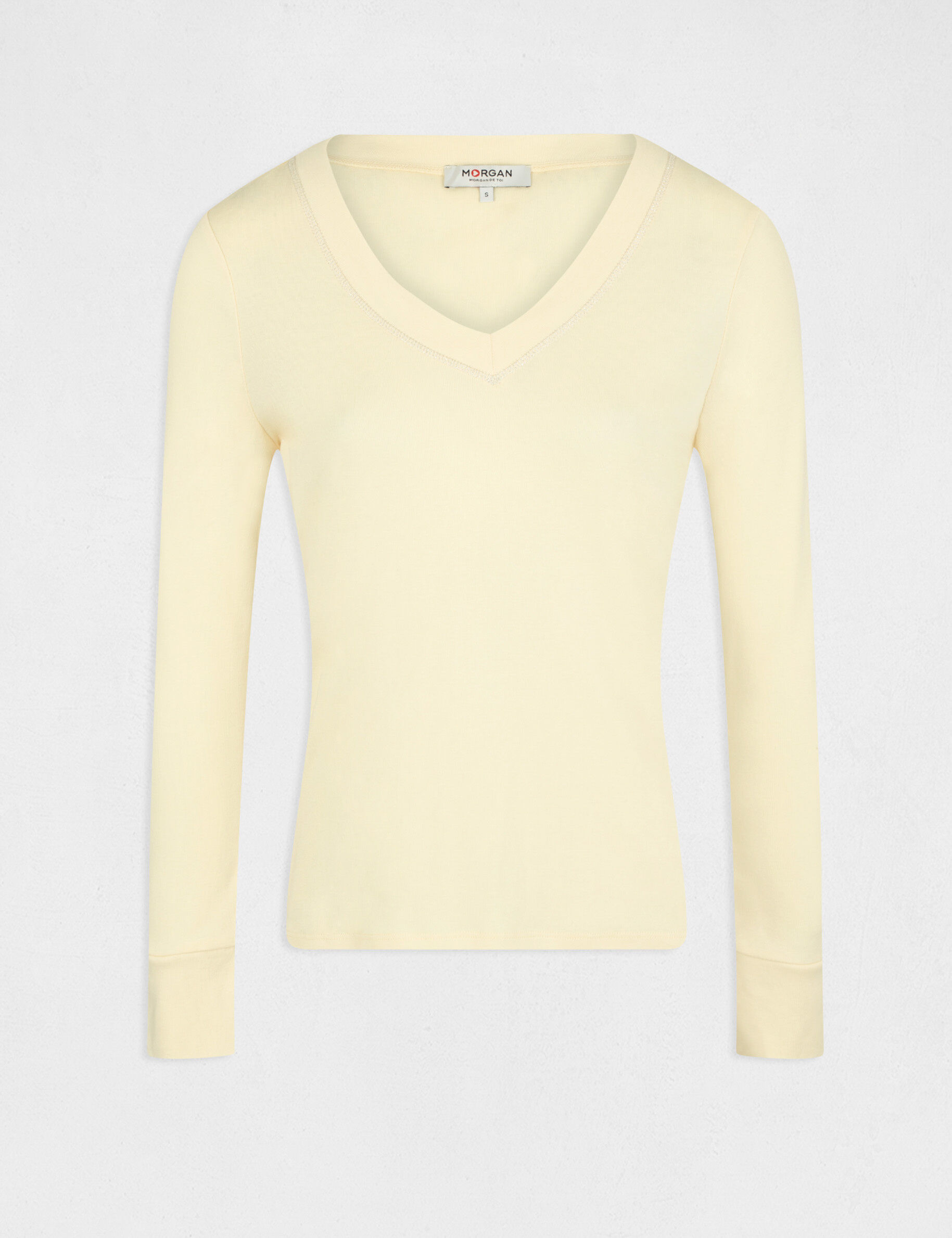 T-shirt manches longues avec col en V jaune paille femme - jaune_paille
