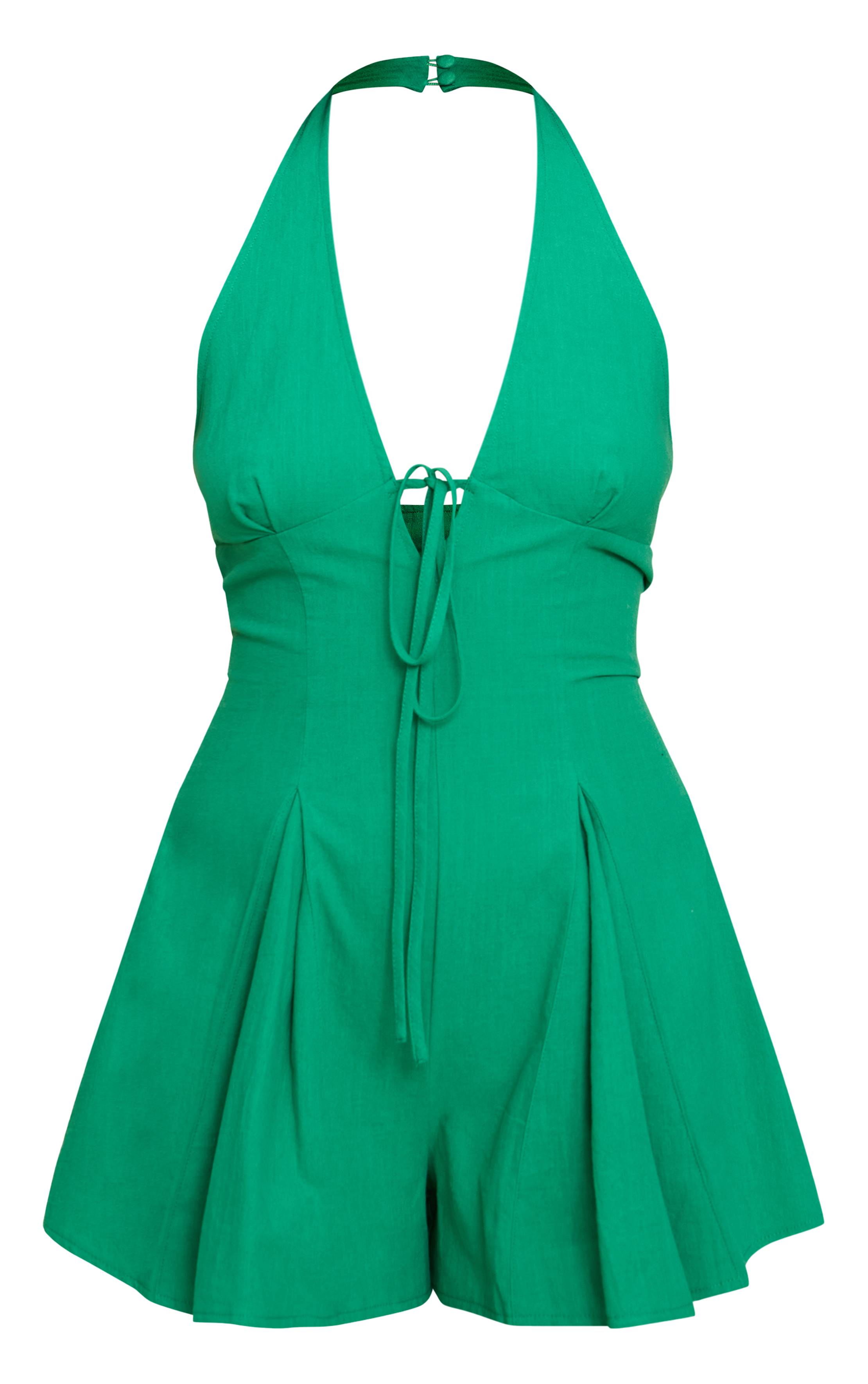 Vert Combishort Tissé À Col V Avec Détail Nœud