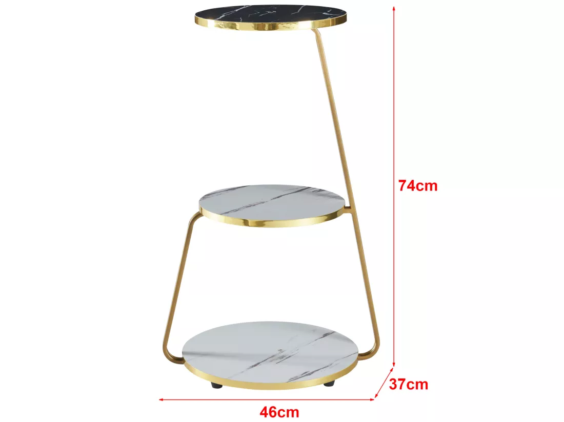 Table d'appoint Sipoo à 3 niveaux 74 x 46 x 37 cm marbre blanc / marbre noir / doré [en.casa]