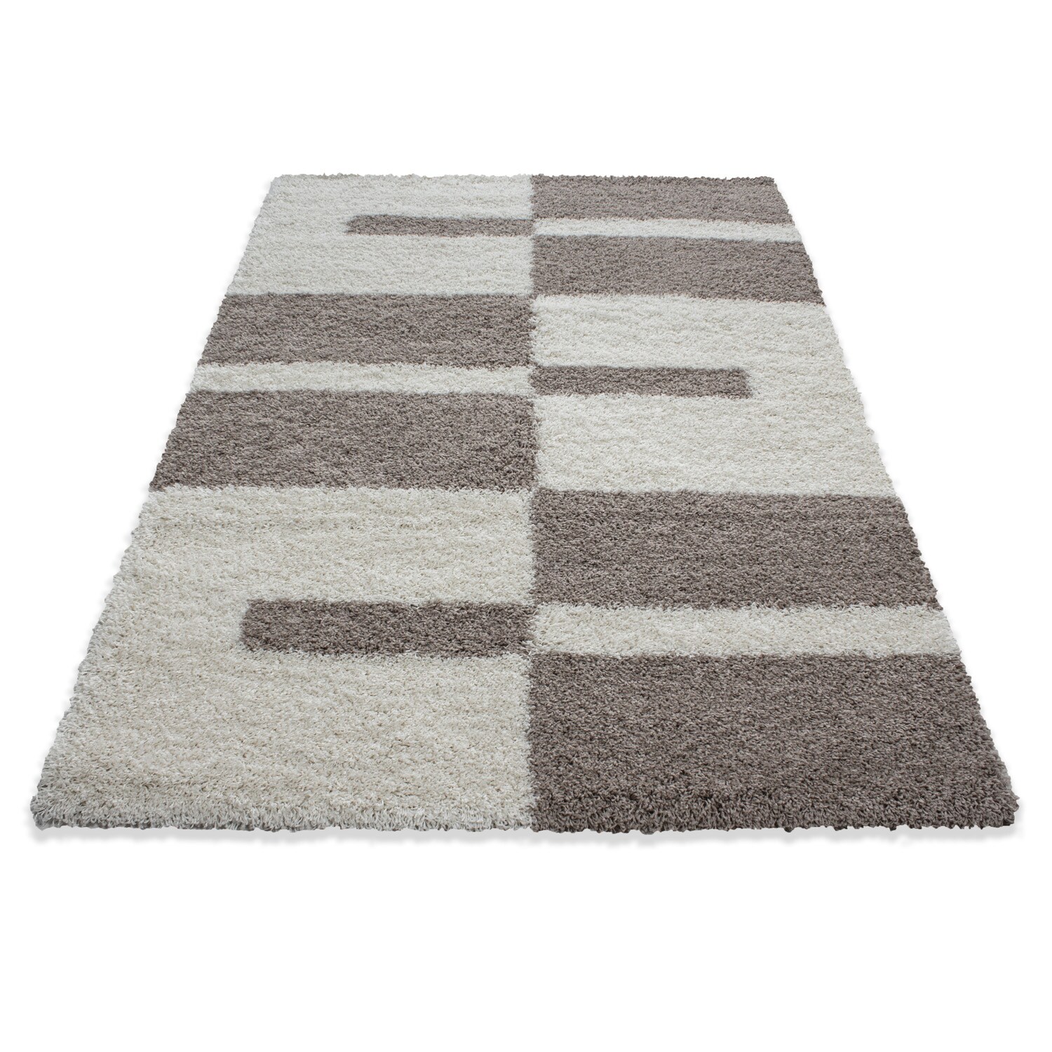 Designer Hochflor Teppich mit Karo- und Linienmuster, Flauschiger Langflor