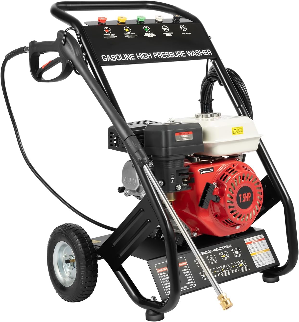 Benzin Hochdruckreiniger, 7,5 PS 2200 PSI 3400 RPM Benzinmotor, Hochdruck-tragbarer Strahlsprüher, Reinigungsmaschine mit 5 Düsen, Auto- & Terrassenreiniger, Dachrinnenreiniger