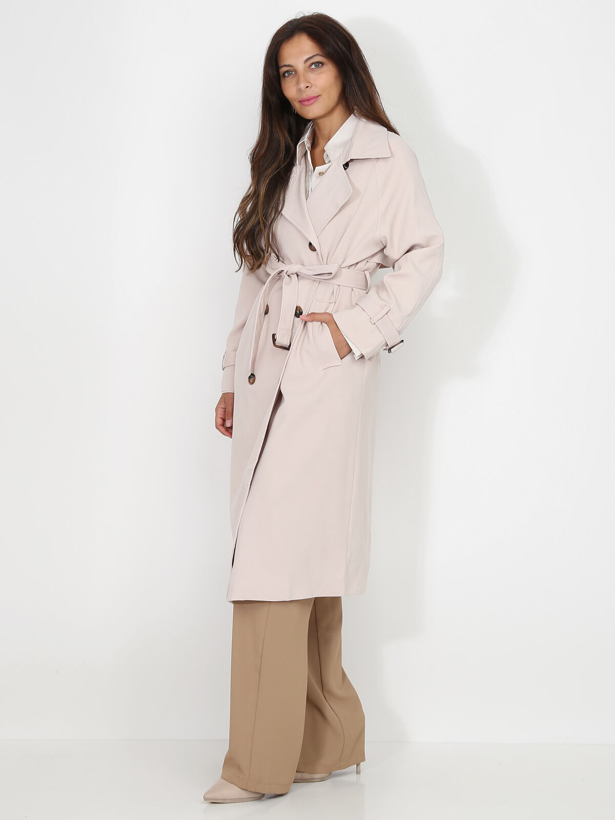 Trench mi-long droit ceinturé- Beige