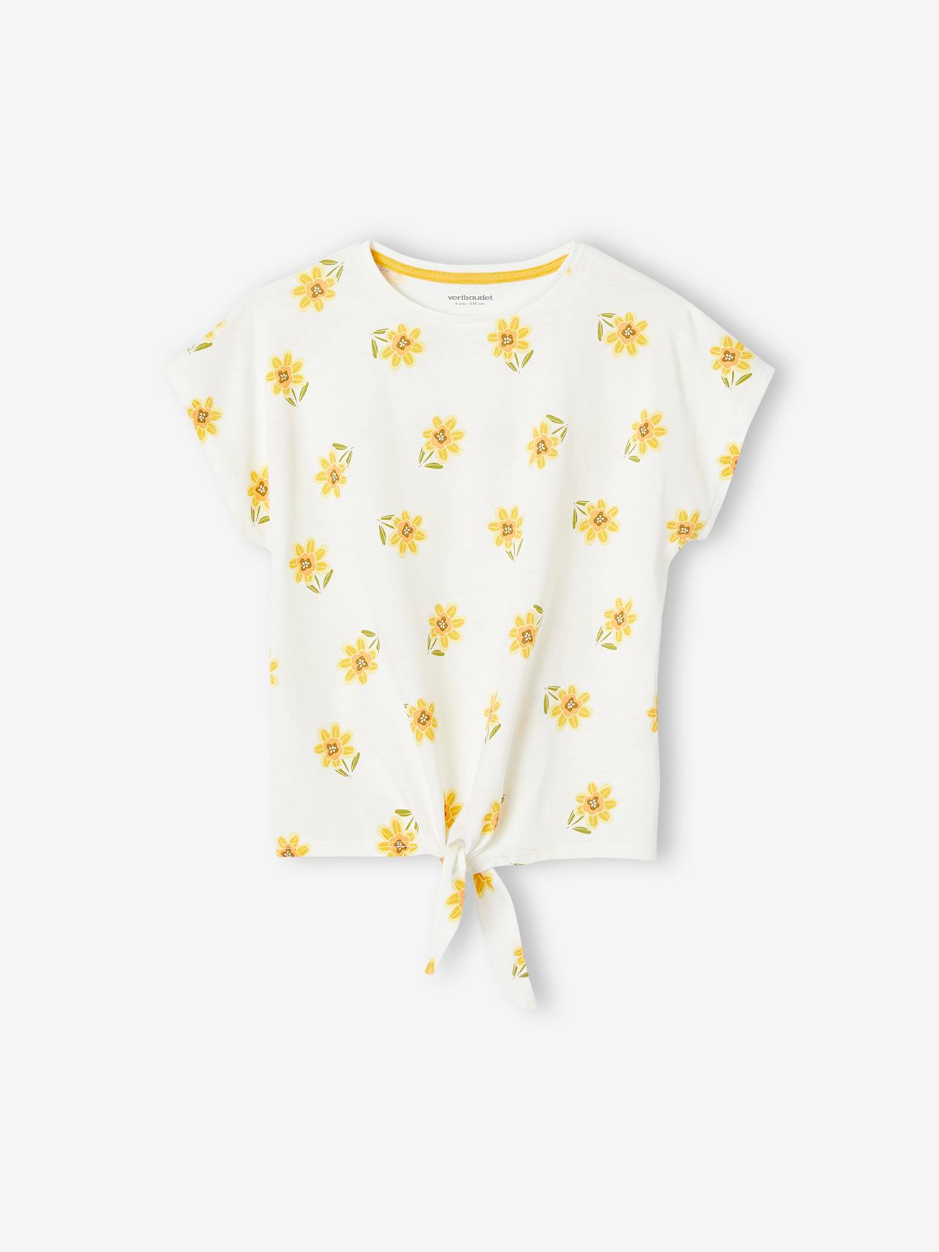 Camiseta estampada com laço elegante, para meninas, cor off-white
