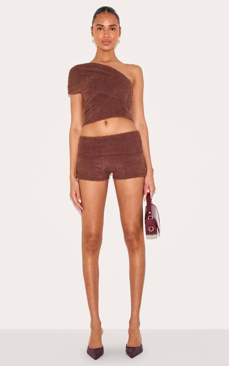 Chocolat Short Taille Haute À Revers En Maille Duveteuse Texturée