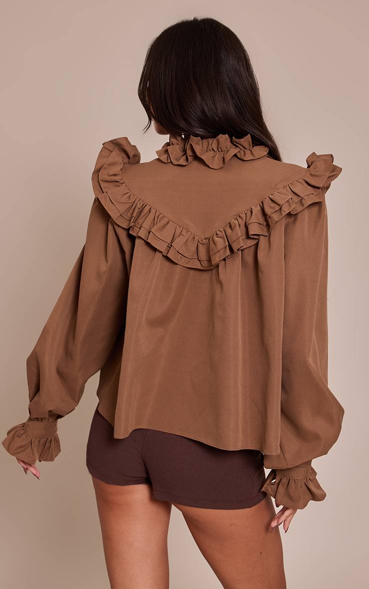 Chocolat Chemise À Manches Longues En Coton Avec Col Montant Et Détails À Volants