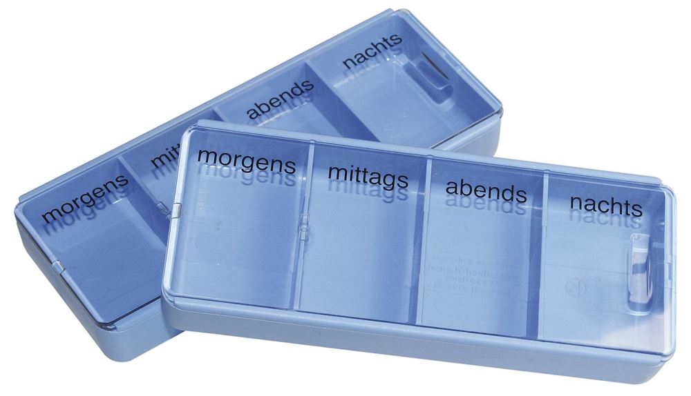 SUPAIR Tablettendose gross 1 Tag 4 Fächer<br>1 Stück, deutsch/französisch/italienisch blau