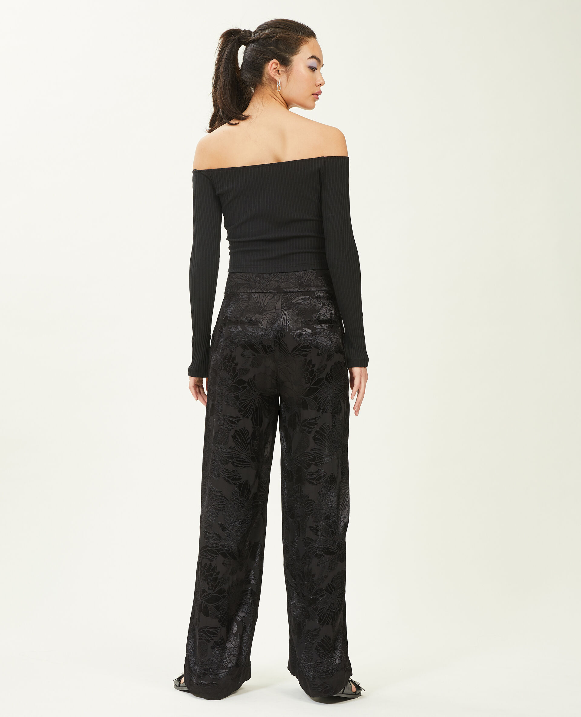 Pantalon large tissu satiné jacquard - Noir