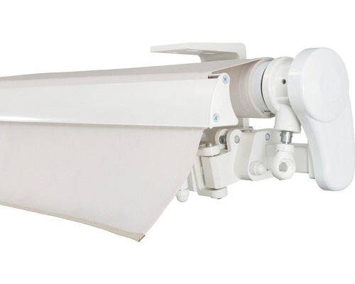 SOLUNA knikarmscherm Proof 2,5x2 Stofdesign 6020 Frame RAL 9010 Zuiver Wit Aandrijving rechts incl. slinger