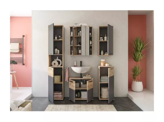 Demi colonne de salle de bain 1 porte – Gris anthracite et chêne clair – SELMA