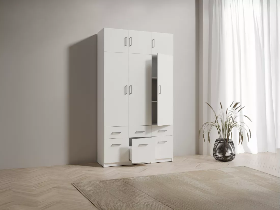 Armoire 3 portes et 6 tiroirs - L136 cm - Blanc + Réhausse - BELOMY