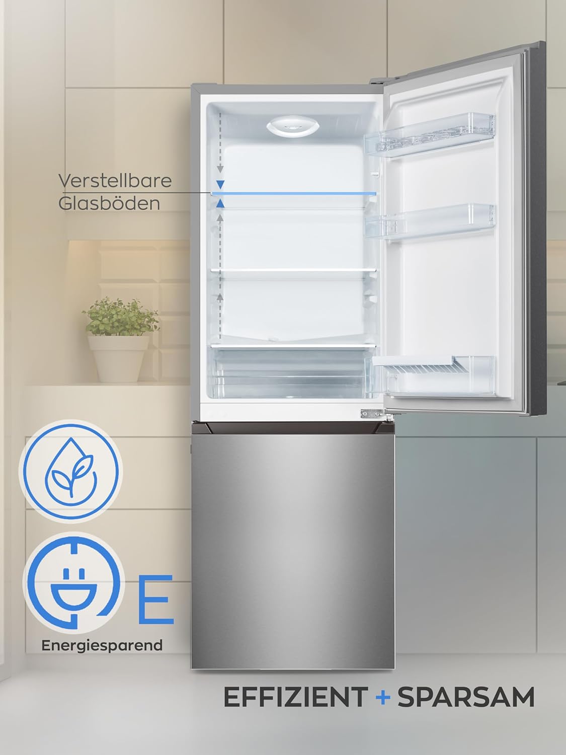 Heinrich´s Kühlgefrierkombination 175Liter, XXL, kühlschrank mit gefrierfach, Kühlvolumen 122L, Gefrierfach 53L, leise 39dB,große Tiefkühlboxen, 7 Temperaturstufen (Energieklasse E, Inox)