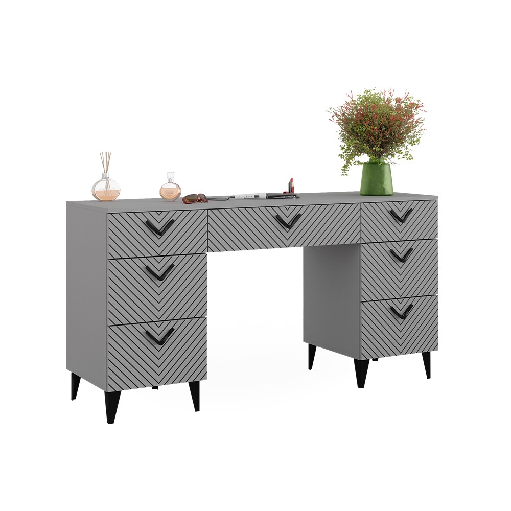 Vicco Schminktisch Anett Grau, 150 x 78 cm, Frisiertisch, 7 Schubladen, Siebdruck