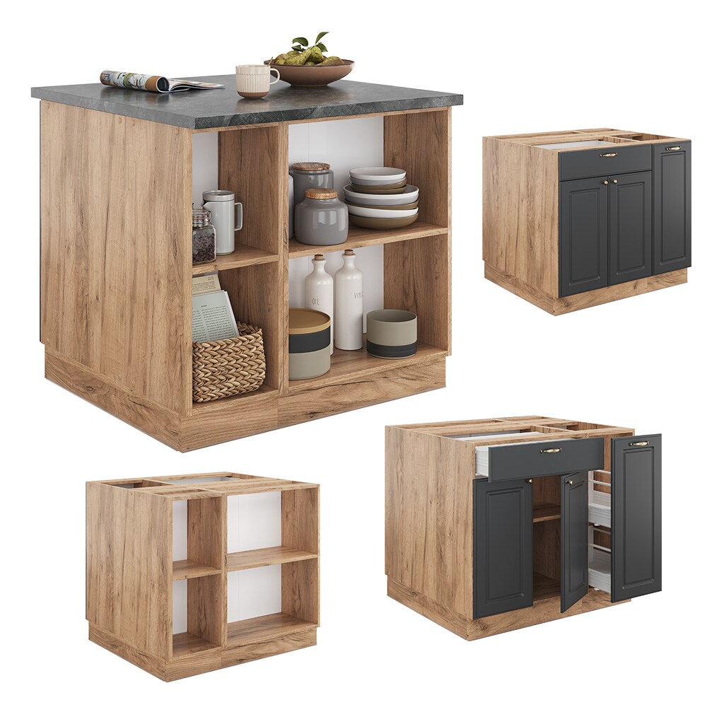 Vicco Kücheninsel Küchenblock Einbauküche Fame-Line Landhaus Eiche Anthrazit 90 cm Gold Küchen Schränke Apothekerunterschrank Schubunterschrank Regalinselunterschrank Softclose-Scharnier Küchenmöbel