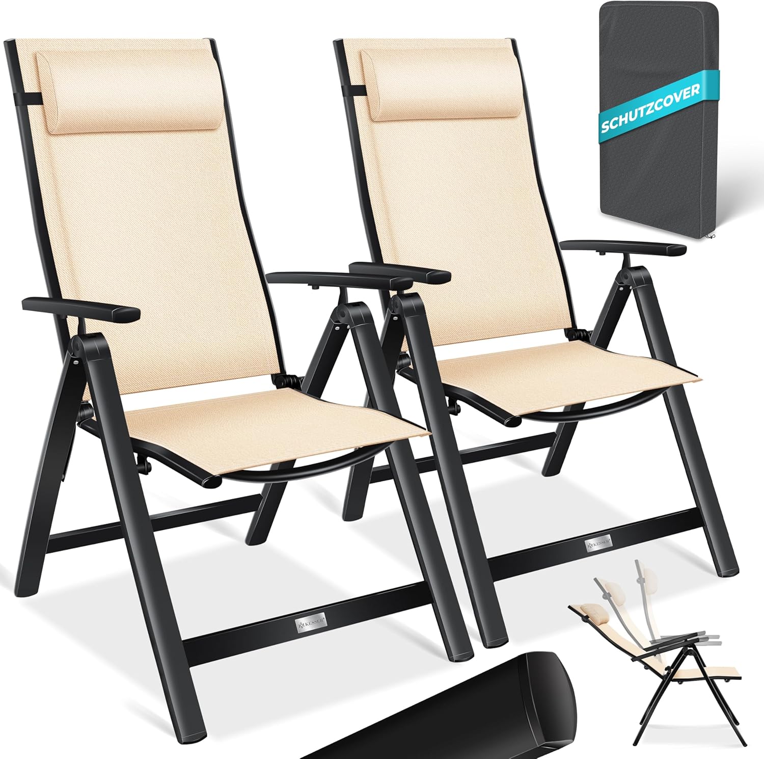KESSER® Gartenstuhl Hochlehner mit Armlehnen 2er Set Aluminium Klappstuhl mit Kopfkissen & Abdeckung Campingstuhl 7-Fach Verstellbar Rückenlehne Atmungsaktiv Wetterfest Klappbar Anti-Rutsch, Beige