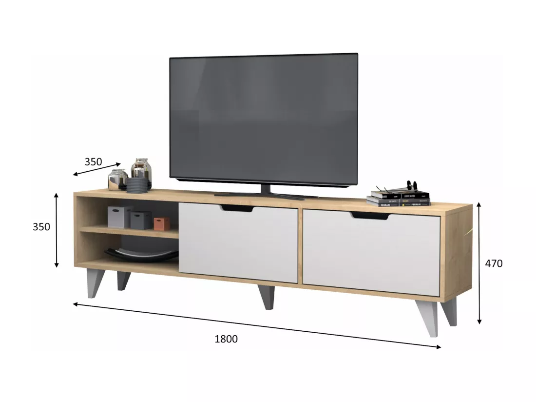 Meuble TV avec 2 portes et 2 niches - Blanc et Naturel - CORENIA