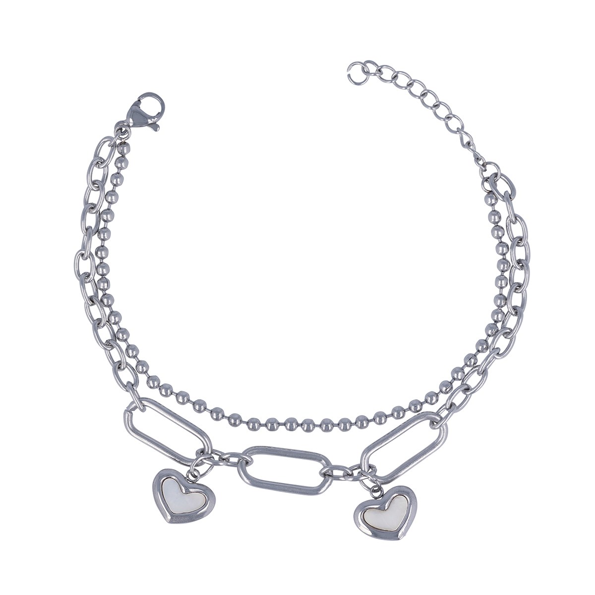 Bracelet Breloque Coeur Nacre Double Chaine Acier inoxydable 316L