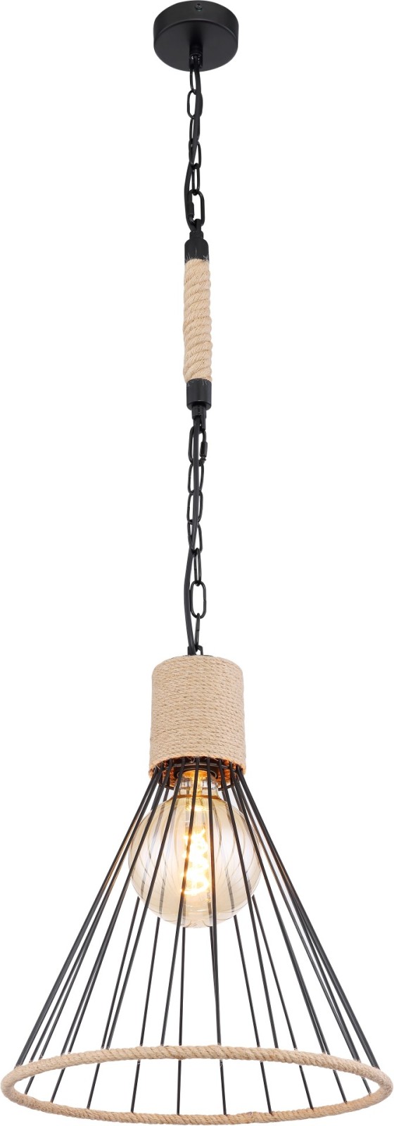 Pendelleuchte - schwarz matt-braun - Hanfseil - 140 cm