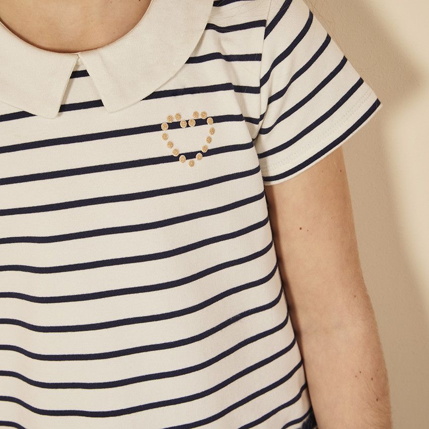 Robe manches courtes bi-matière effet 2 en 1 rayée pour fille - Bleu marine