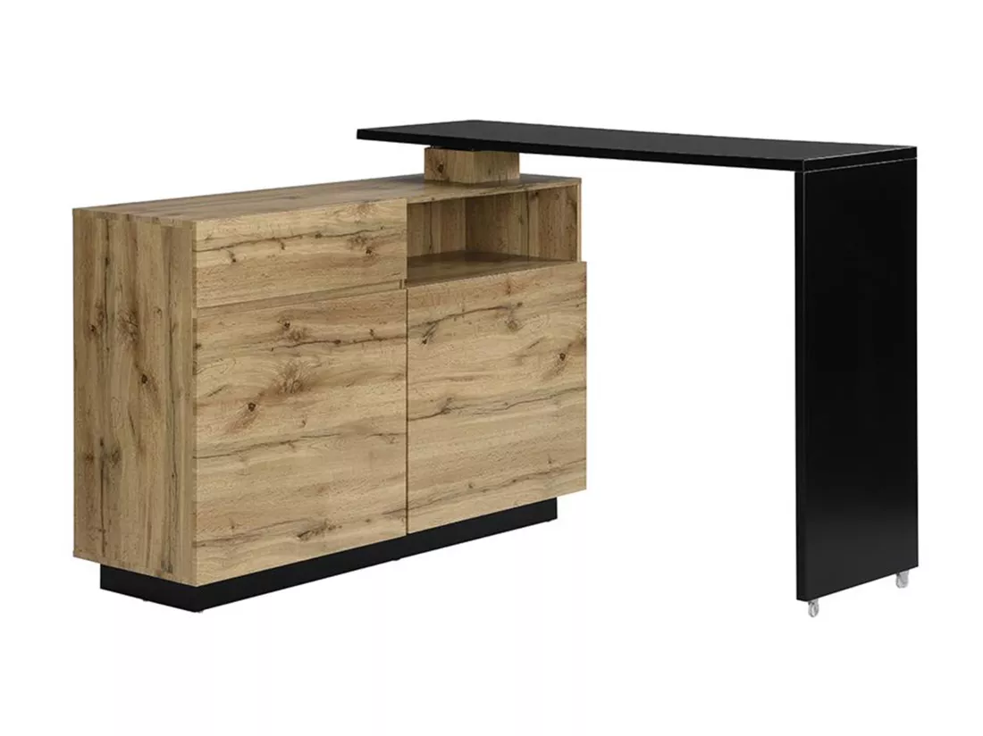 Meuble de bar pivotant avec 2 portes, 1 tiroir et 1 niche en MDF - Naturel et Noir - ELDIR