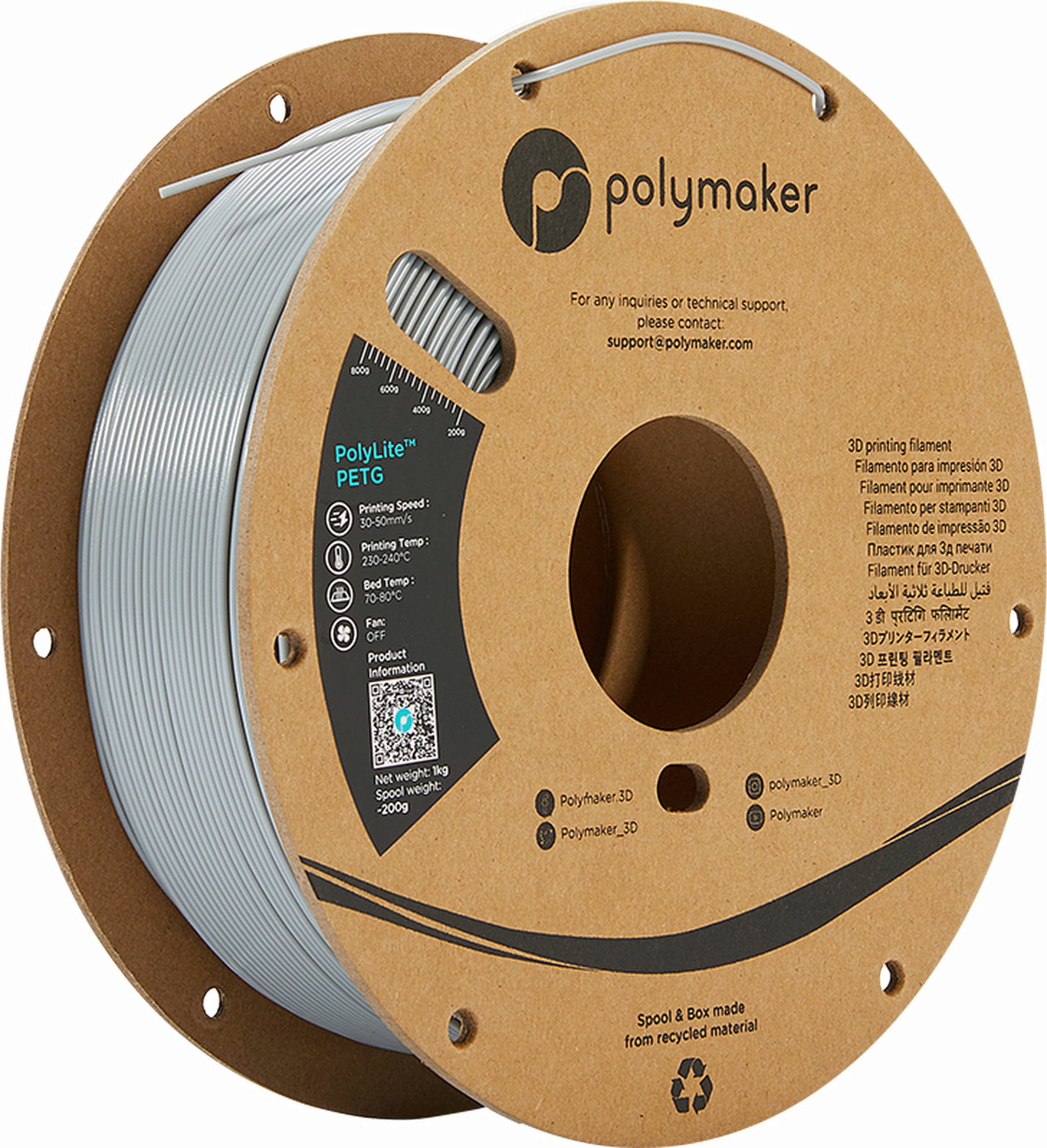 Polymaker  PolyLite PETG Grau, 1,75 mm / 1000 g    Großartiges Allround-Filament für den täglichen Druck in Grau