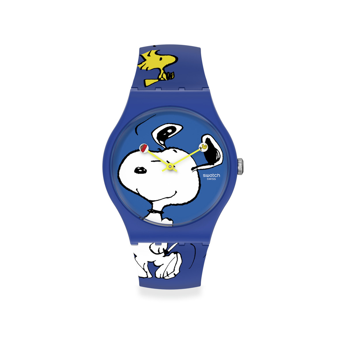 Montre Swatch mixte matériaux biosourcés bleus motif personnages Peanuts