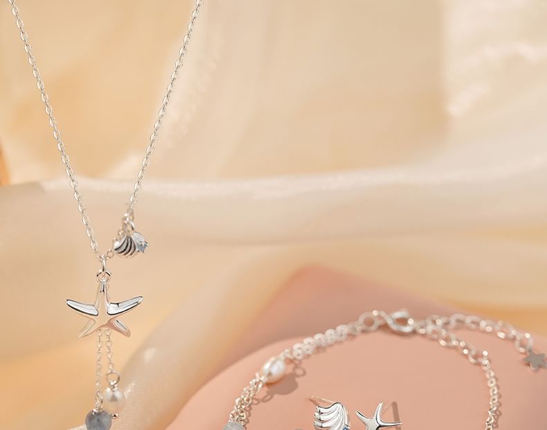 FOON - 925 Sterling Zilveren Ster Schelp Ketting / Armband / Asymmetrische Oorbel