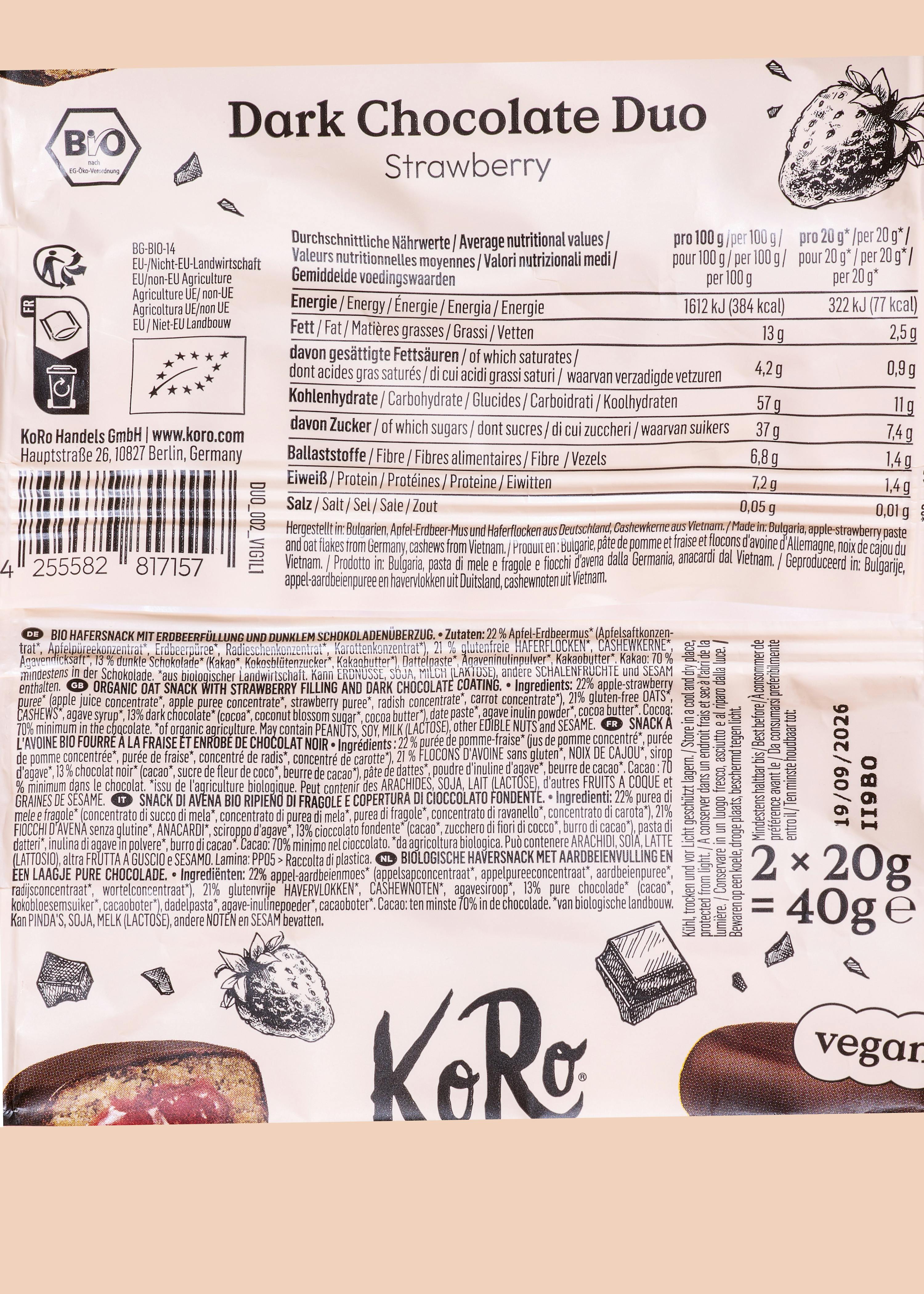 Bio Dark Chocolate Duo Strawberry 2 x 20 g