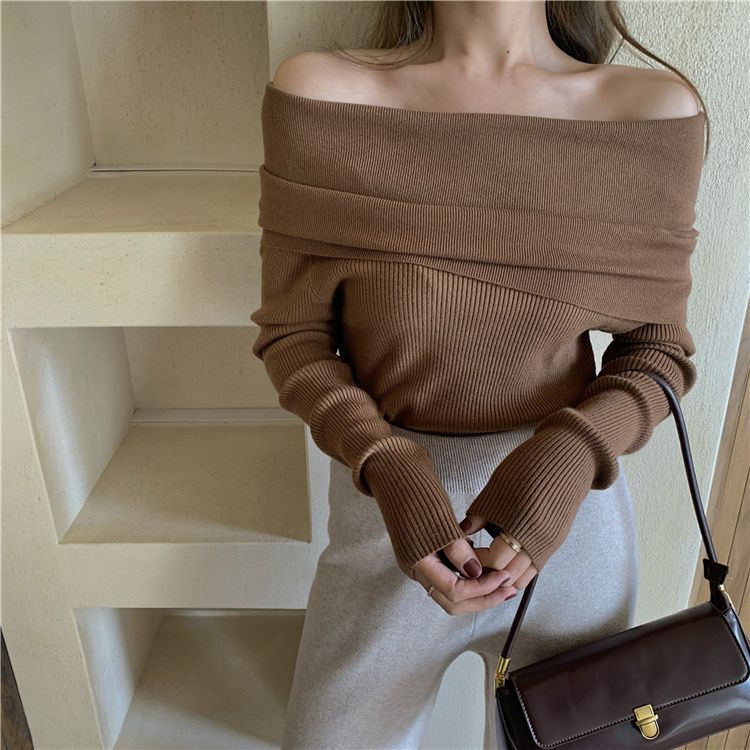 Alfie - Effen off-shoulder gebreide top met lange mouwen