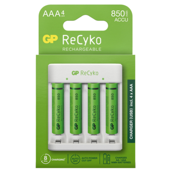 GP Batterijlader 411   4x oplaadbare batterijen AAA 850mAh ReCyko   Micro USB-lader
