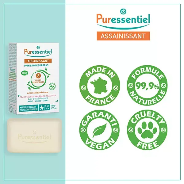 Sabonete Sólido Higienizante Superengordurado Puressentiel com 3 Óleos Essenciais 100g