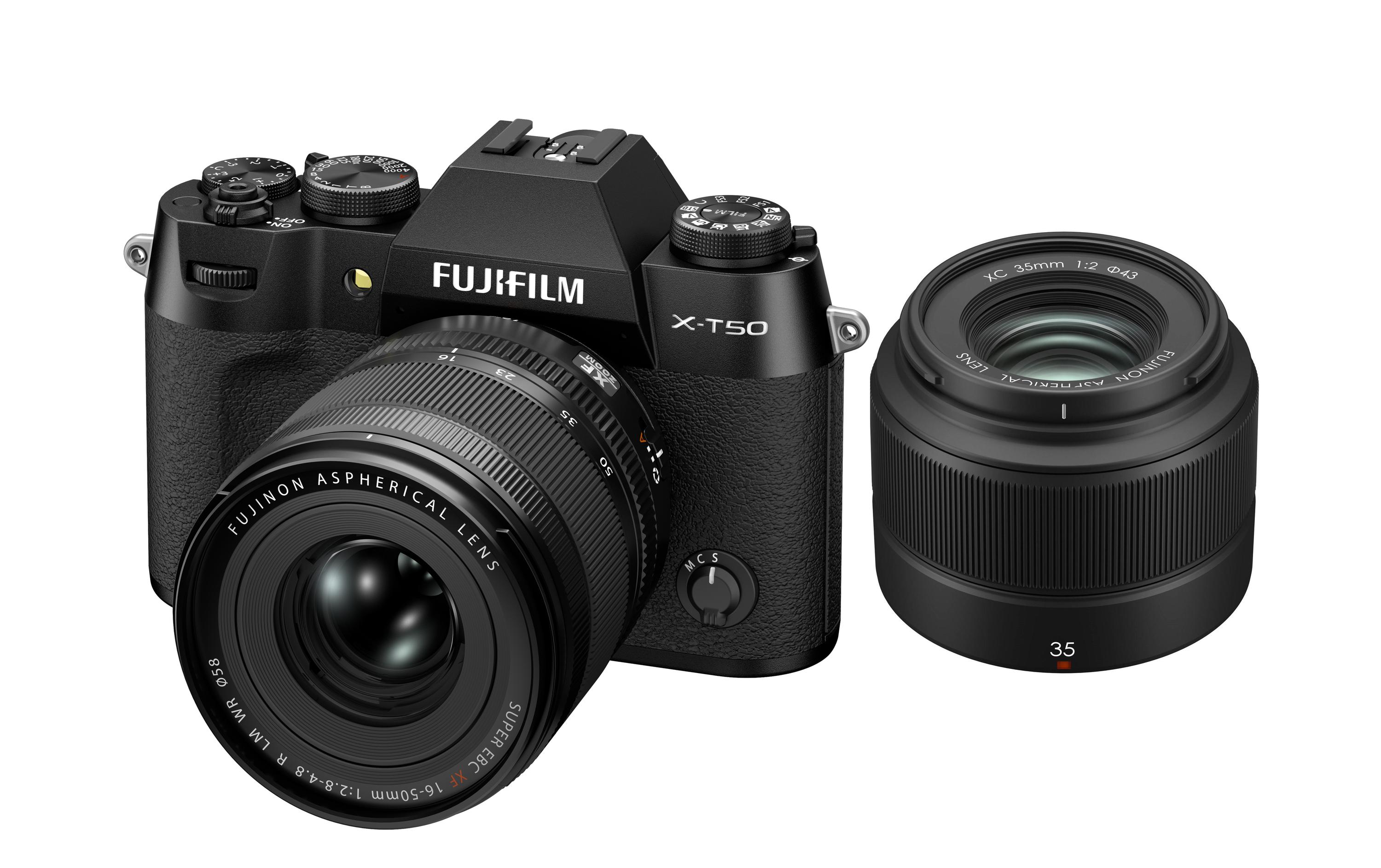 Fotokamera X-T50 Black Kit XF 16-50mm + 35mm<br>Kompakte Systemkamera mit 40.2-Megapixel-Sensor, 6.2K-Video und Filmsimulations-Einstellrad