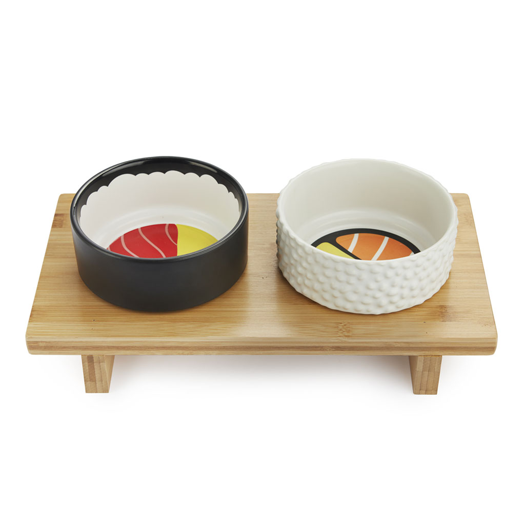 Alimentador para cães e gatos Balvi Komeki, design inspirado em sushi, cerâmica/bambu