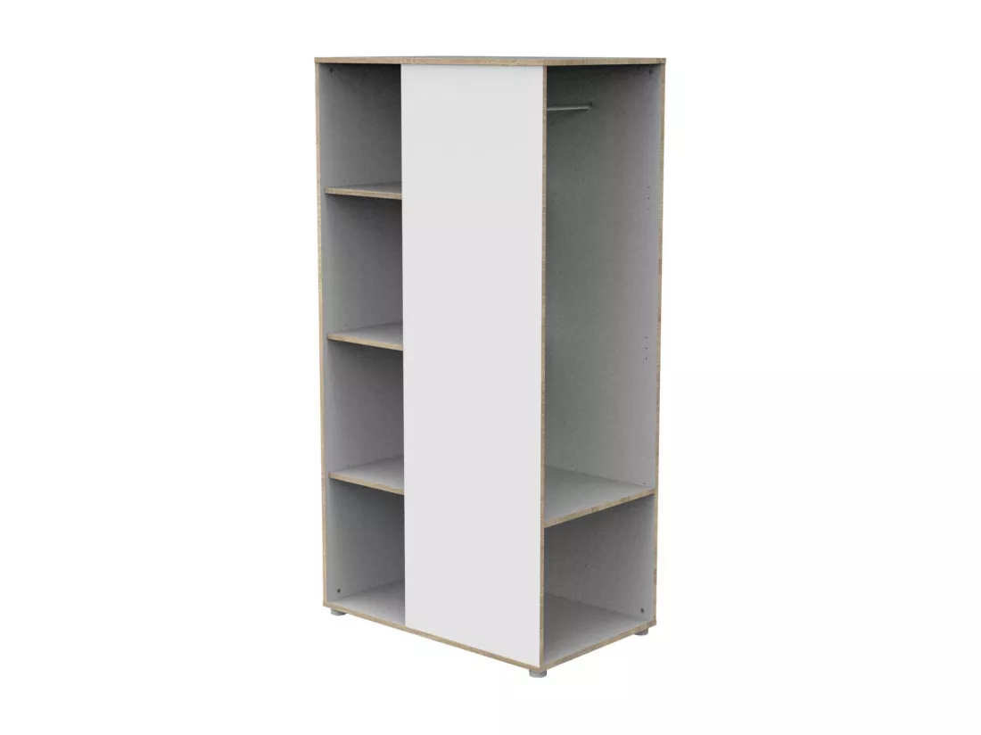Meuble de rangement avec étagères et penderie en bois blanc et chant bois