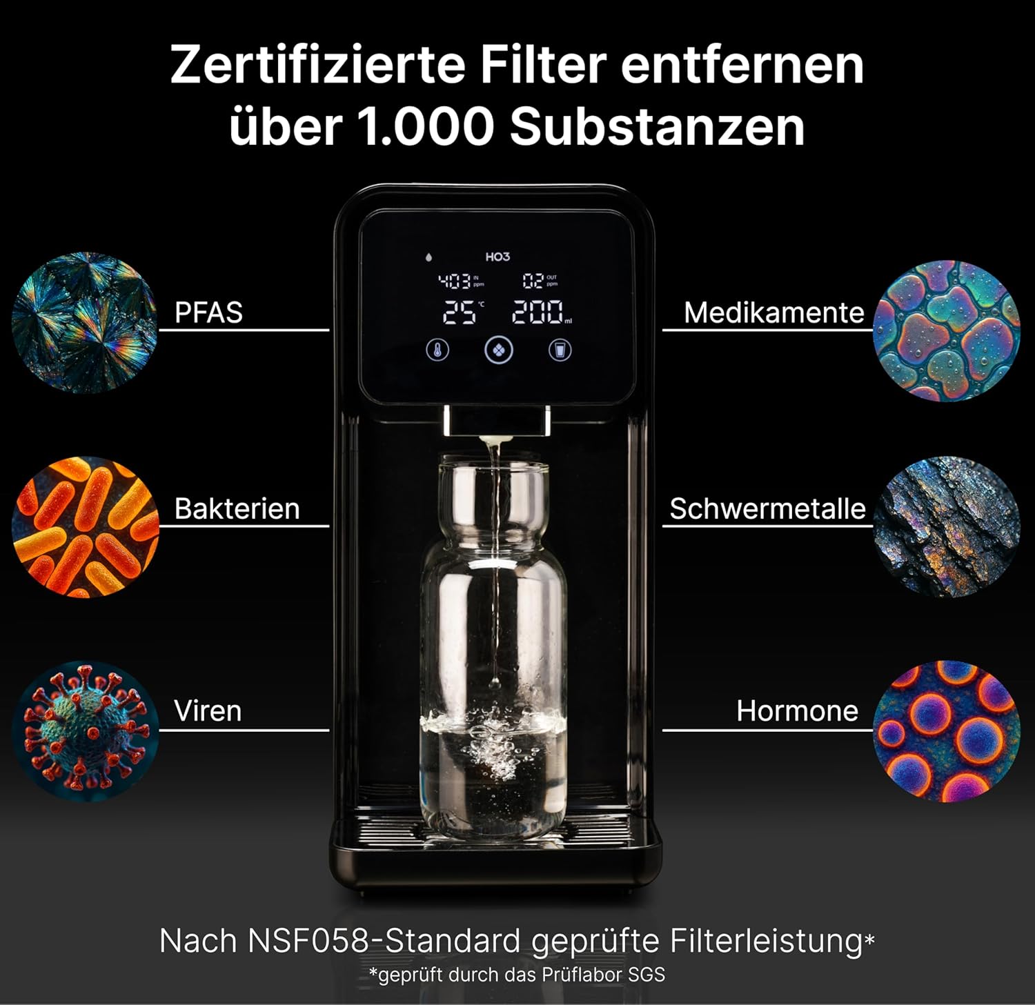 HO3 Home One Auftisch Osmoseanlage für Trinkwasser mit 4 Temperaturstufen (RT, 50, 85, 95°C), 10 Stufen Wasserausgabe, mit Echtzeit TDS, 8 Stufen Filtration und Luma-UV, Wasserfilter (Schwarz)