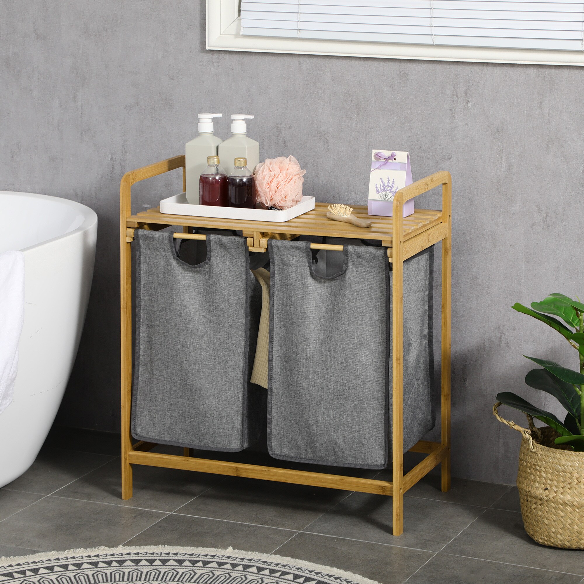 HOMCOM Wäschekorb mit 2 separate Wäschesäcken grau 63,5L x 33B x 73H cm