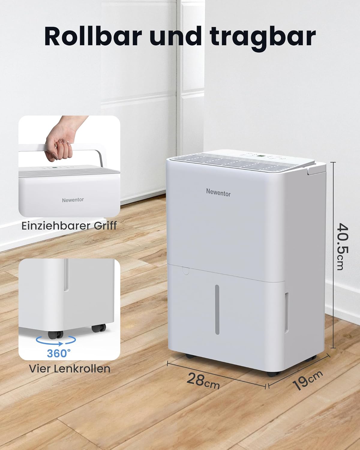 Newentor 12L Luftentfeuchter Elektrisch Keller 35dB, Entfeuchter Elektrisch Keller mit Ablaufschlauch 1m, Raumentfeuchter Elektrisch 25m²/122m³, 10 J. Gar., Filter, Timer