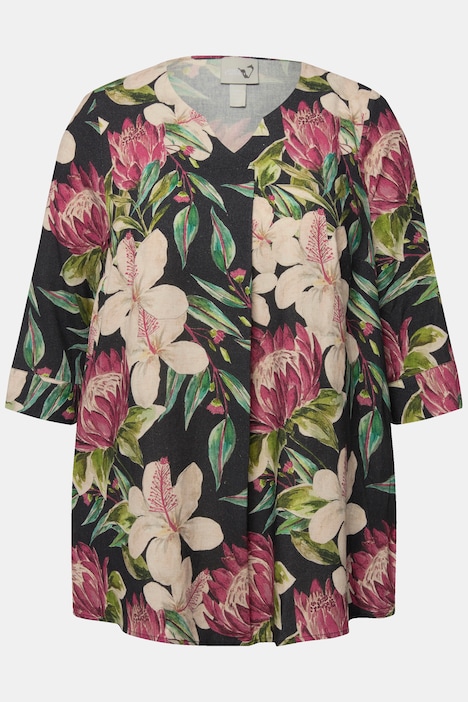 Bluse, Blüten, A-Linie, Tunika-Ausschnitt, 3/4-Arm