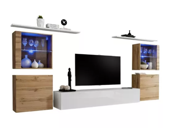 Ensemble meuble salon mural SWITCH XIV design, coloris blanc brillant et chêne Wotan.