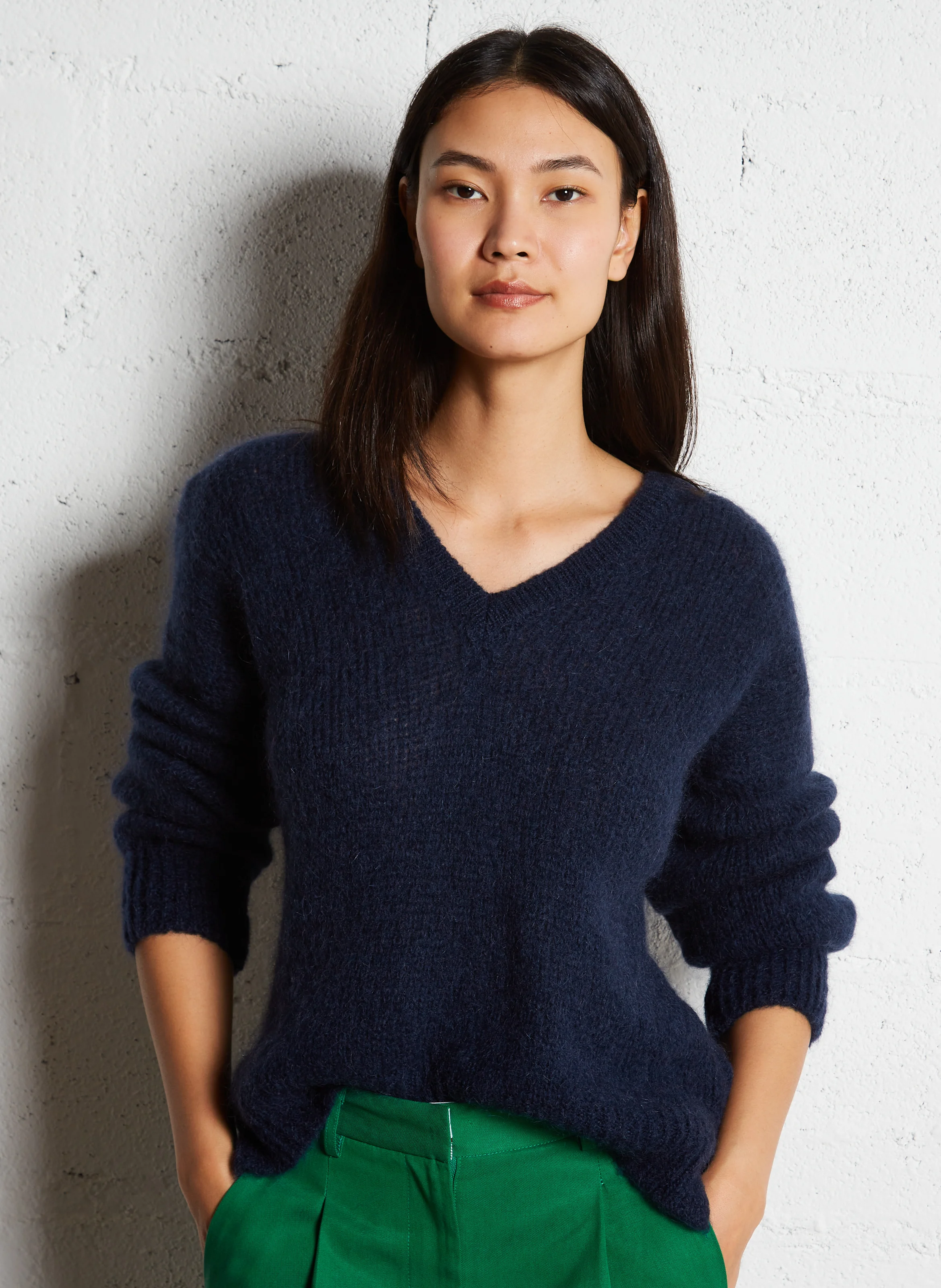 MELANIE - Pull oversize col V en laine mélangée | Bleu