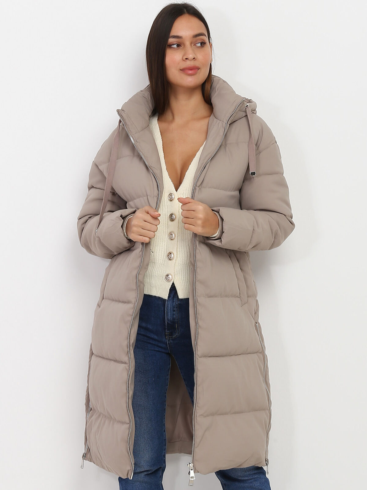 Doudoune oversize à zips- Taupe