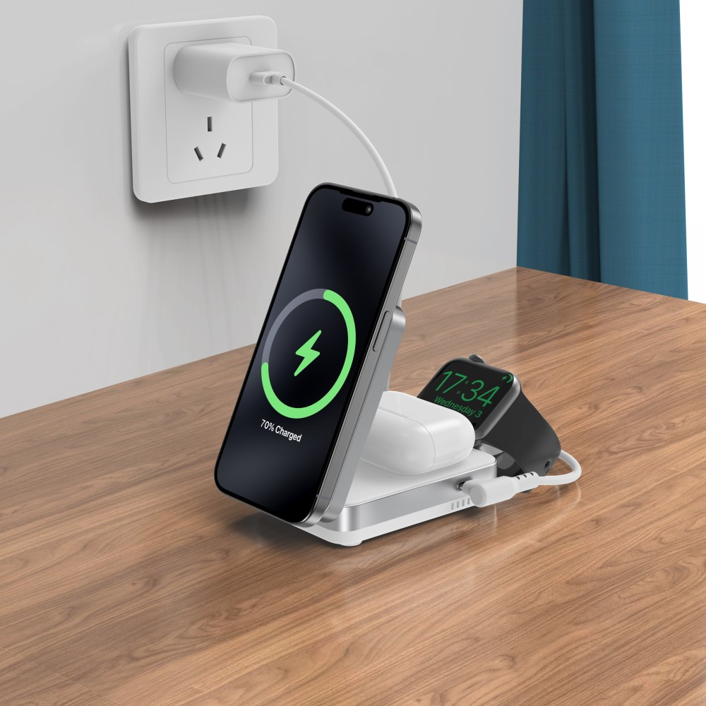 (15W) 3in1 Magnetisches Ladegerät Qi2 Wireless Charger Ladegerät Faltbare Ladestation für Apple iPhone / Apple Airpods / Apple Watch - Weiss