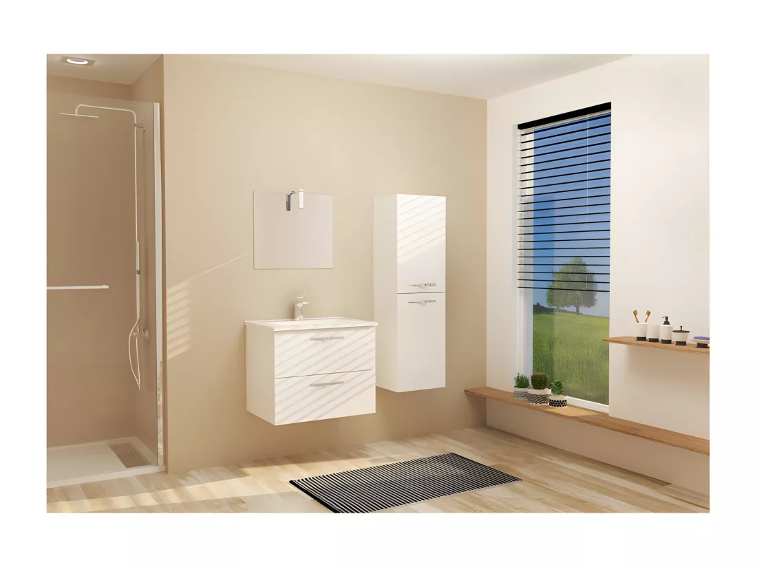 Ensemble meuble de salle de bain suspendu 2 tiroirs 60 cm Blanc + miroir + colonne- KUNDO