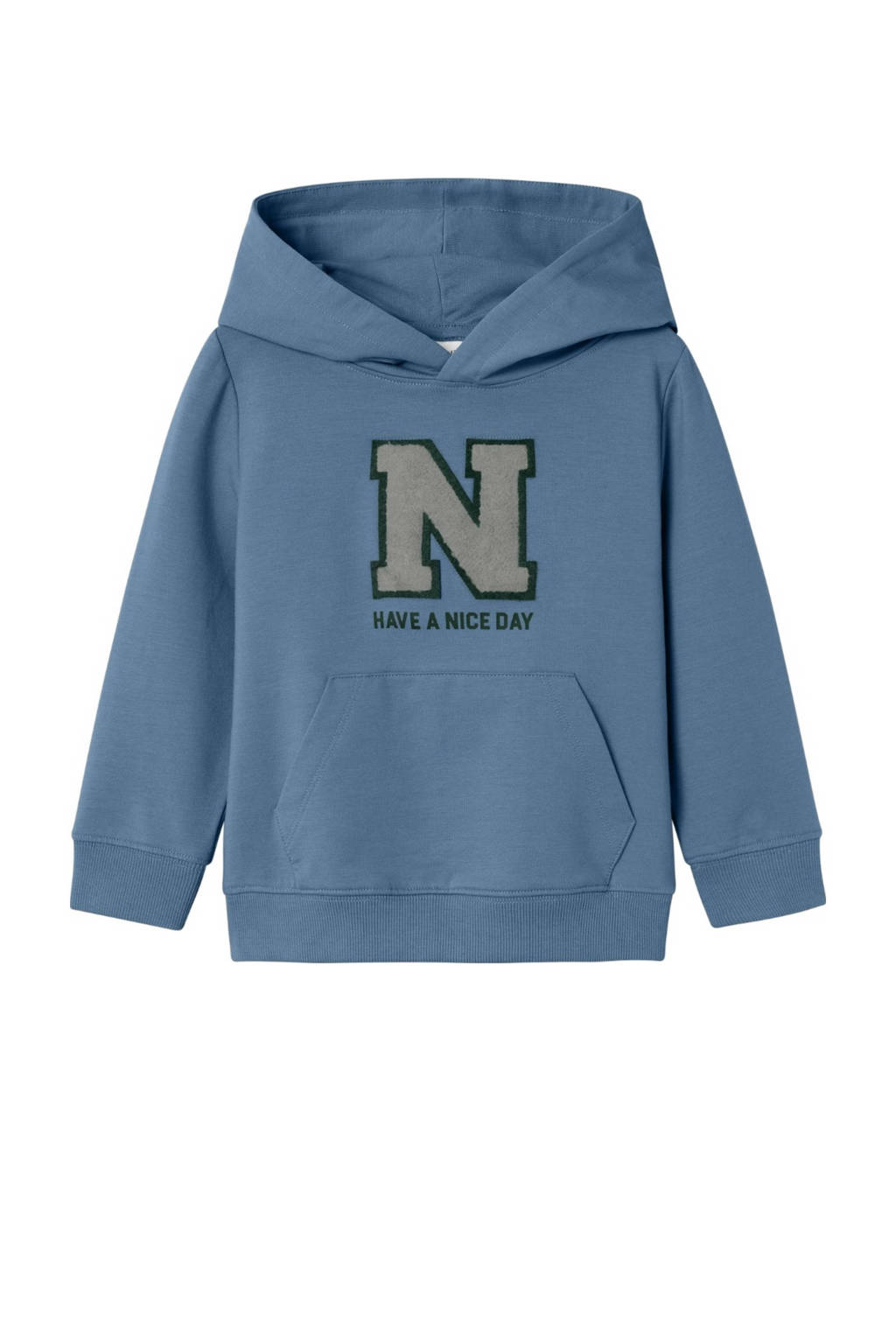 hoodie NMMKONRAD met printopdruk en 3D applicatie middenblauw