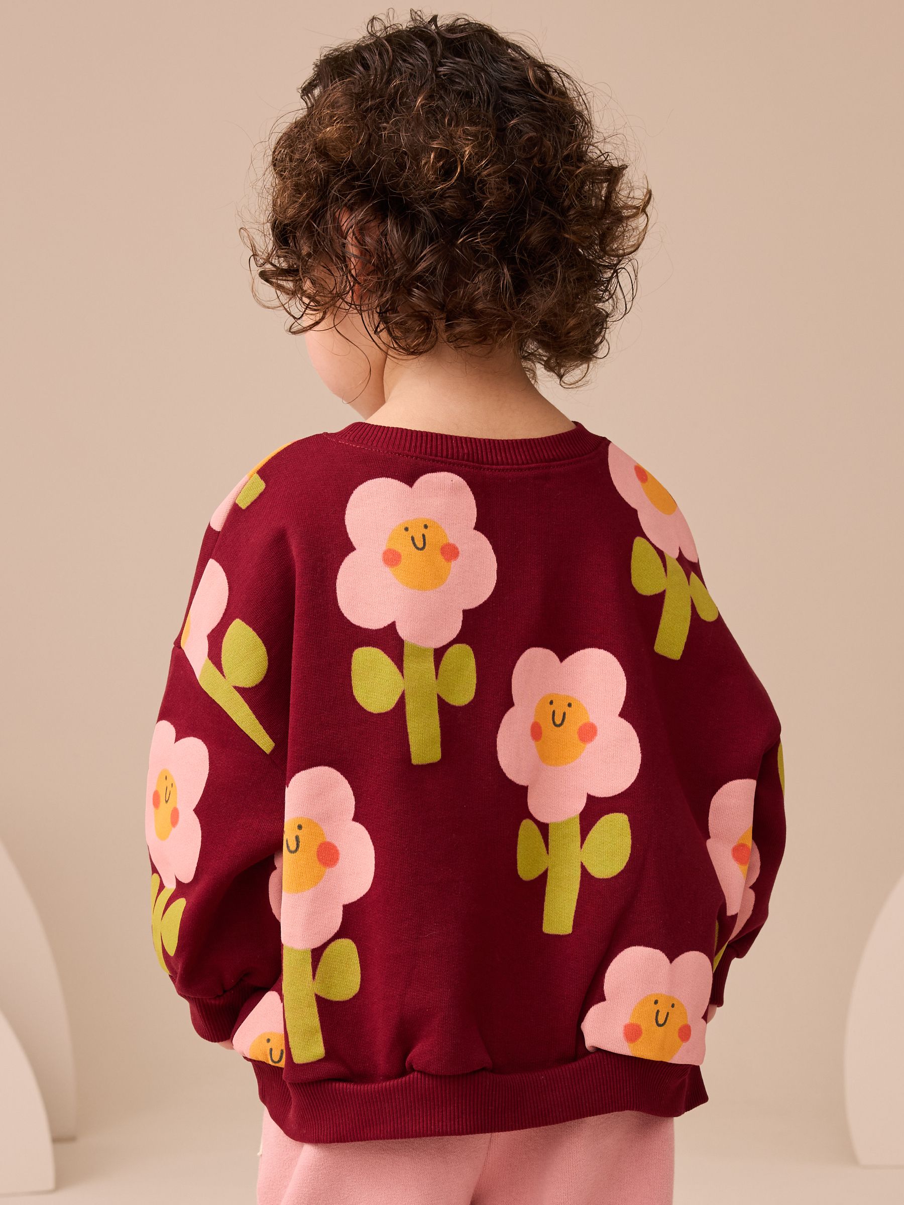 Bordeauxrode Smiley Bloemenprint - Sweatshirt met ronde hals (3 mnd-7 jr)