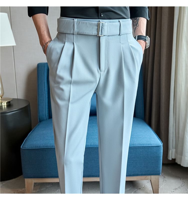 Lefitt - Set: Mid Rise Plain Cropped Straight Leg Dress Pants + Belt