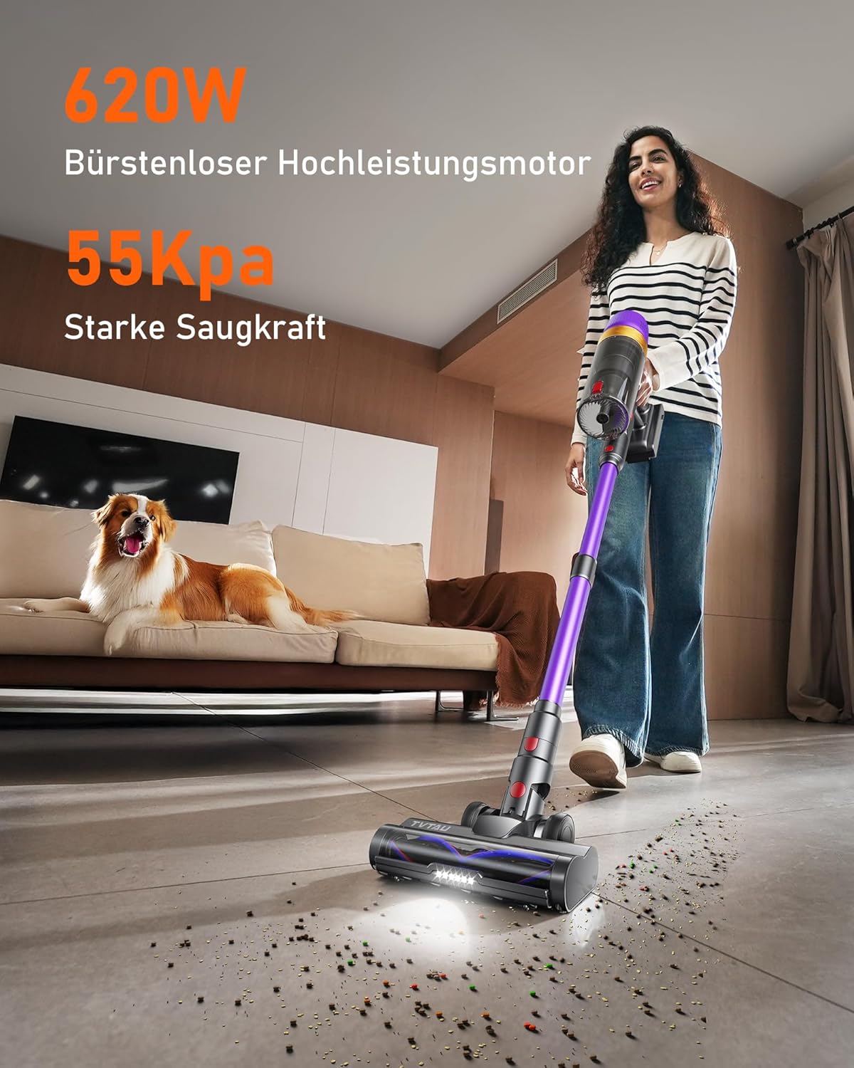 Akku Staubsauger Kabellos für Tierhaare, 1,8L mit Display, 55000Pa/620W/75Min Akkusauger, Selbststehender Stielstaubsauger mit Anti-Tangle-Bürste & Wandladestation, für Teppiche/Hartböden/Auto