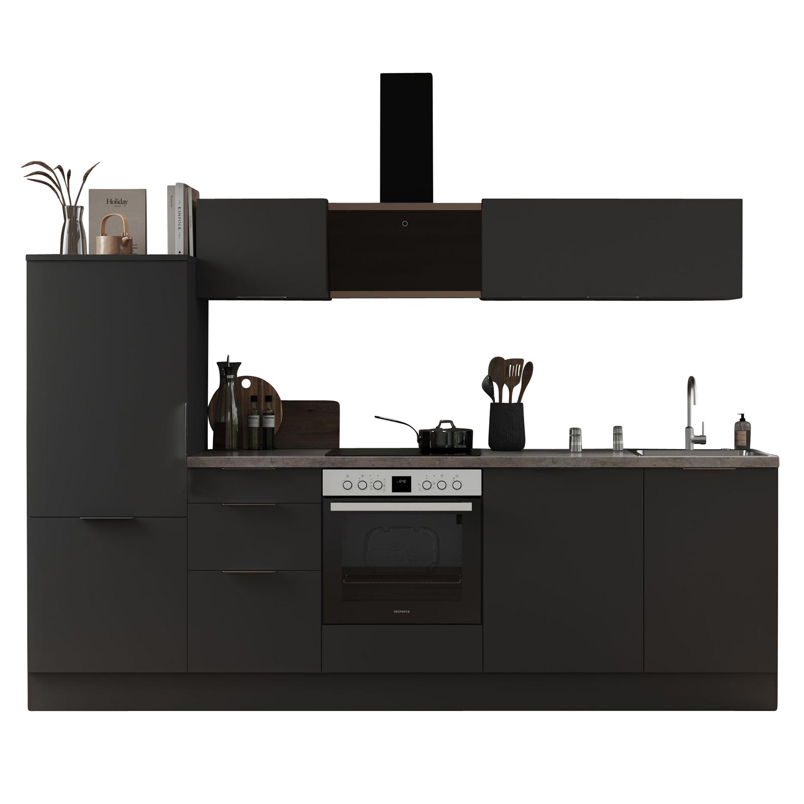 RESPEKTA Küchenblock - grau matt - mit E-Geräten - 280 cm