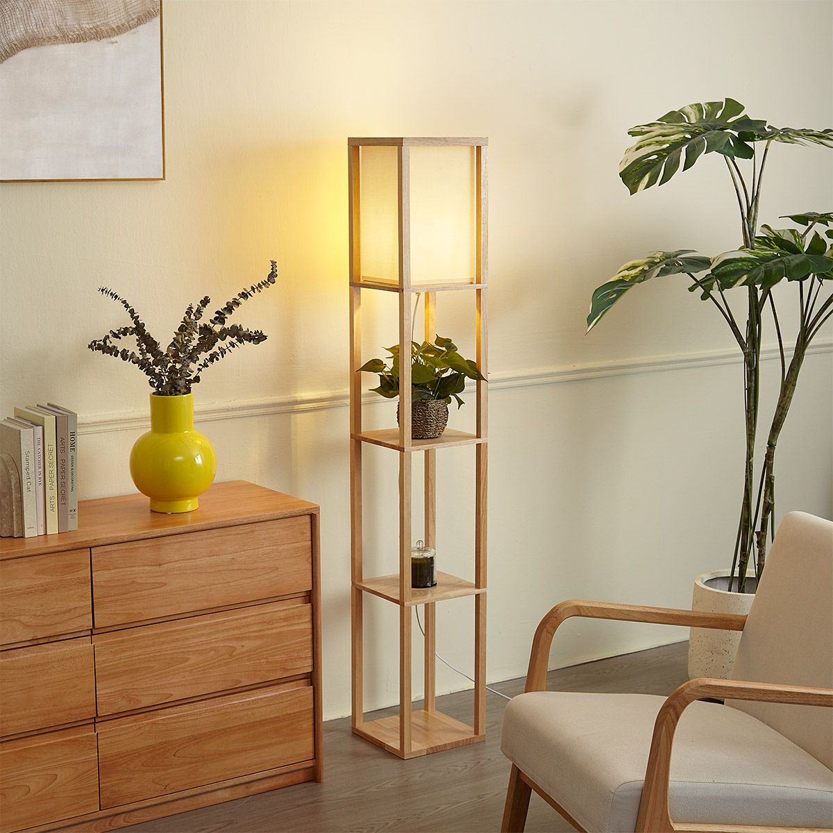 Moderne vloerlamp hout met beige kap - Stojan