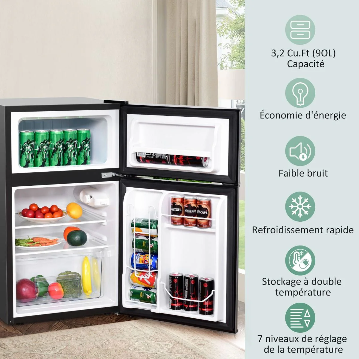 Réfrigérateur Compact Mini-réfrigérateur 90 L Congélateur Séparé avec Design à 2 Portes Fonctionnement Silencieux Blanc/Gris/Noir