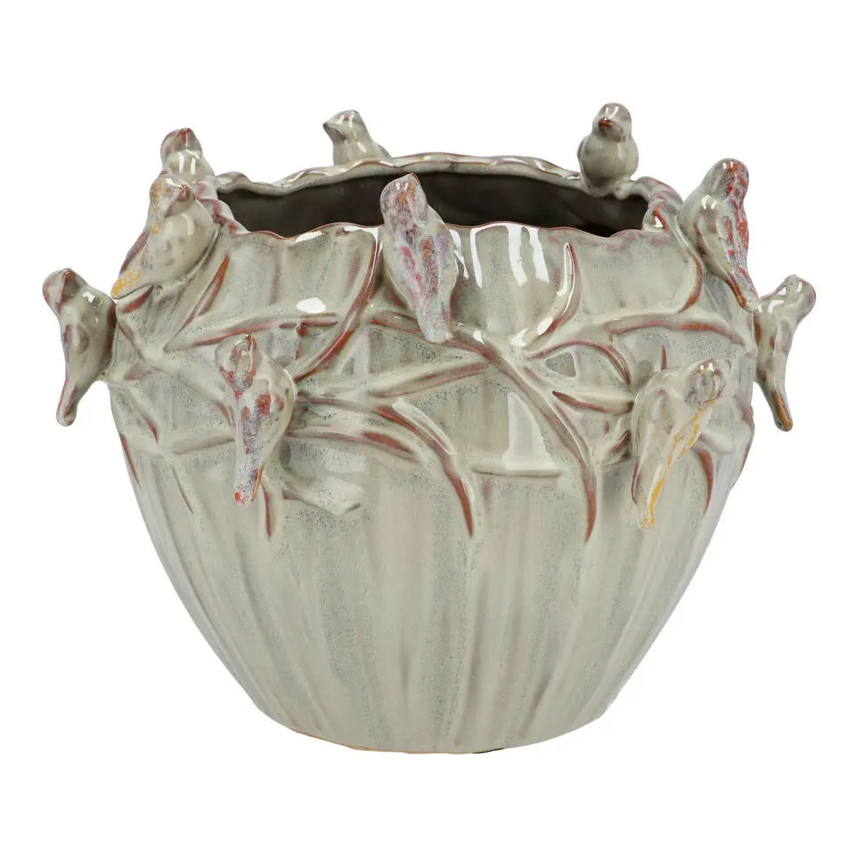 DK Design Bloempot/plantenpot Vogels - mosgroen - D28 x H22 cm